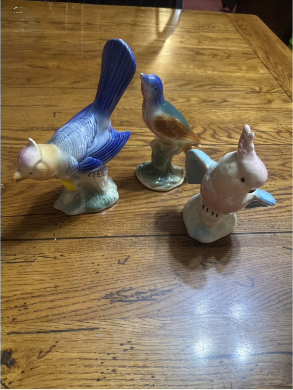 MCM Ceramic 3 Birds Parrot Cockatoo Bird 6 3/4” Figurine Blue Purple Pink